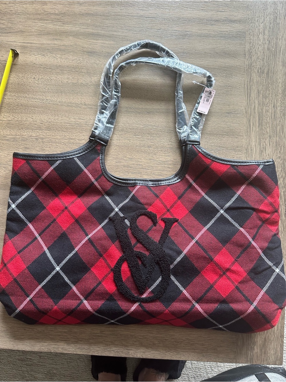 Victoria's Secret Red and Black Plaid Tote with Embroidered VS